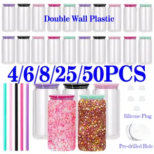 [ 4/6/8/25/50PCS ] 16 oz Plastic Snow Globe Tumbler, Pre-Drilled Double Wall Plastic Can Cold Drinks Snowglobe Cup with Lid and Straw for Snow Globe Glitter DIY Gift
