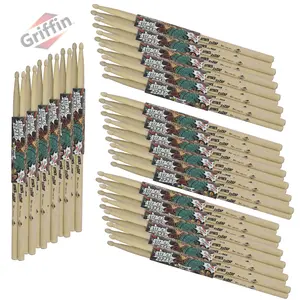 GRIFFIN Attack Zzzap Drum Sticks - 24 Pairs of Select Elite Maple Wood Size 5A - Drummers Percussion Classic Pure Grit Uncoated, Raw Wood Drumming Sticks - Premium Balanced, Level and Straight