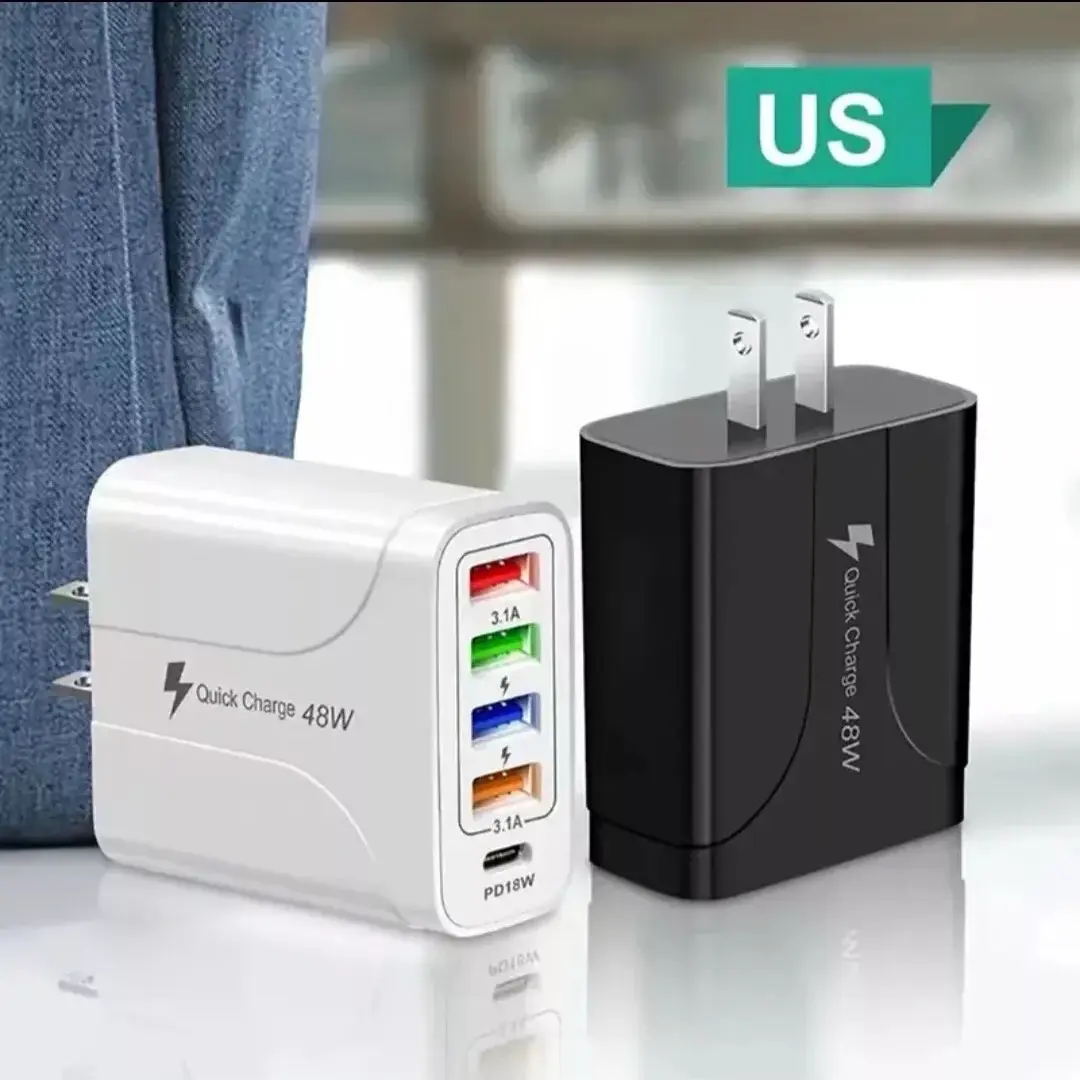 48W High Speed Wall Charger, 5 Multiple Port USB Hub Charger Wall Fast Charger PD Power Adapter, Universal Compatible 4 USB Port & 1 PD Port in One Charger
