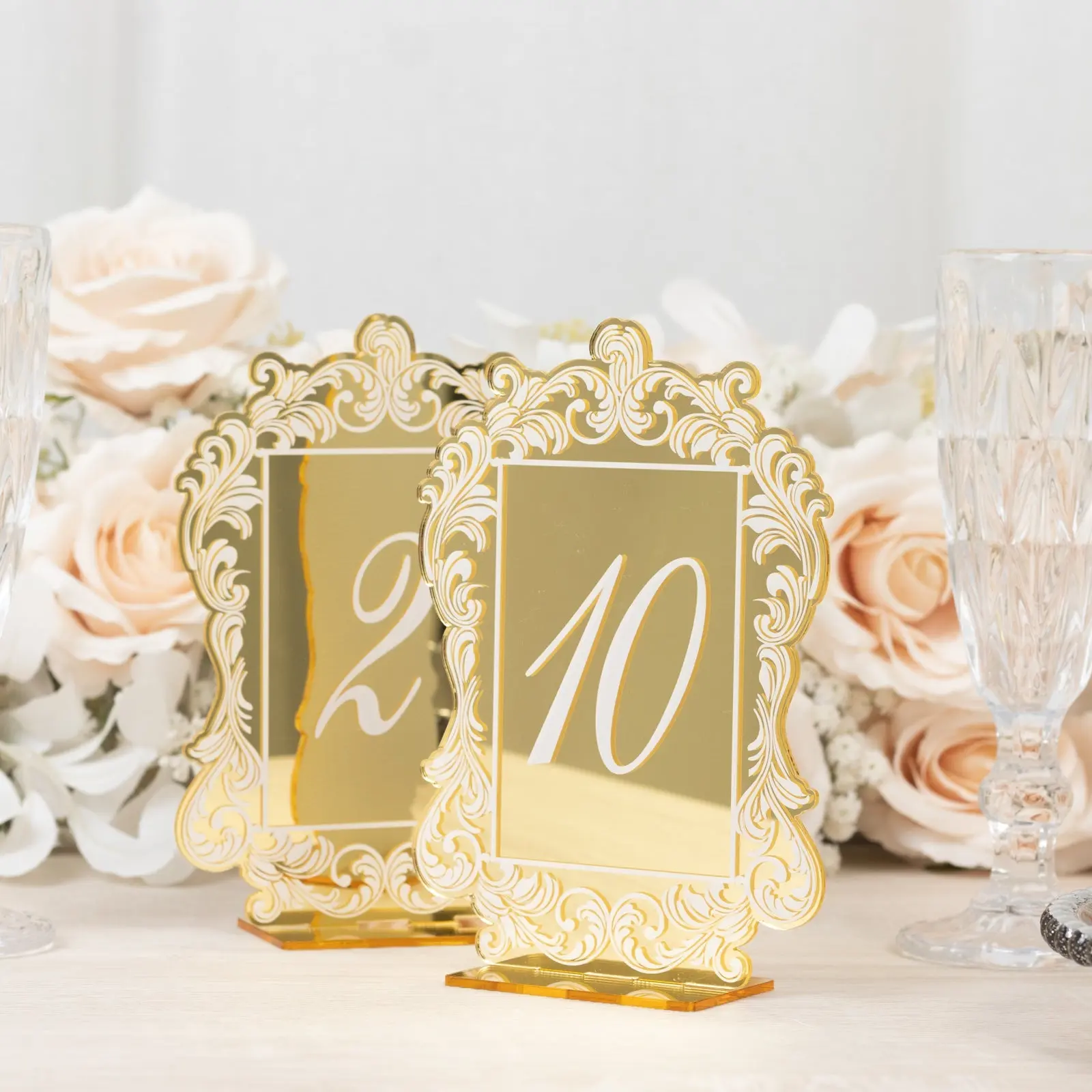 Arch Shape Gold Mirror Acrylic Table Numbers (1-10) - 5"x7" Acrylic Signage Plaque with Baroque Lace Border, White Print, Stands, Gold Accent - Decorative Sign for Weddings, Anniversary, Birthday Home Decor, Engagement