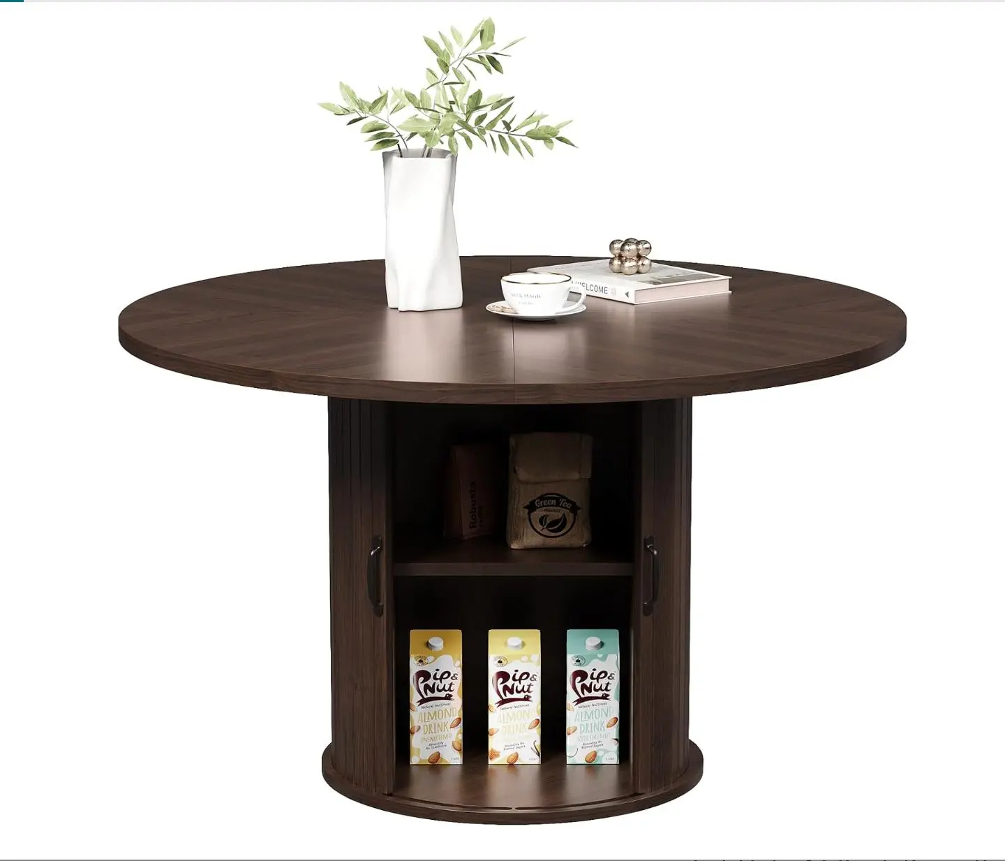 47" Black Round Modern Fluted Farmhouse Dining Table for 4, 2-Tier Storage with Sliding Door, Compact Space Saving Furniture for Dining Room & Small Spaces