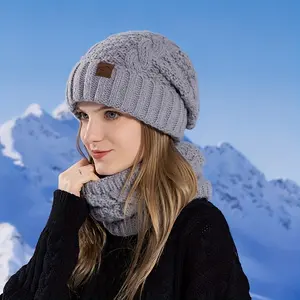 Women's 2-Piece Winter Knit Hat and Scarf Set, Acrylic & Polyester, Ear Protection Beanie, Stretchable, Hand Wash Only, No Feather, Unisex, Holiday Christmas Theme, No Random
