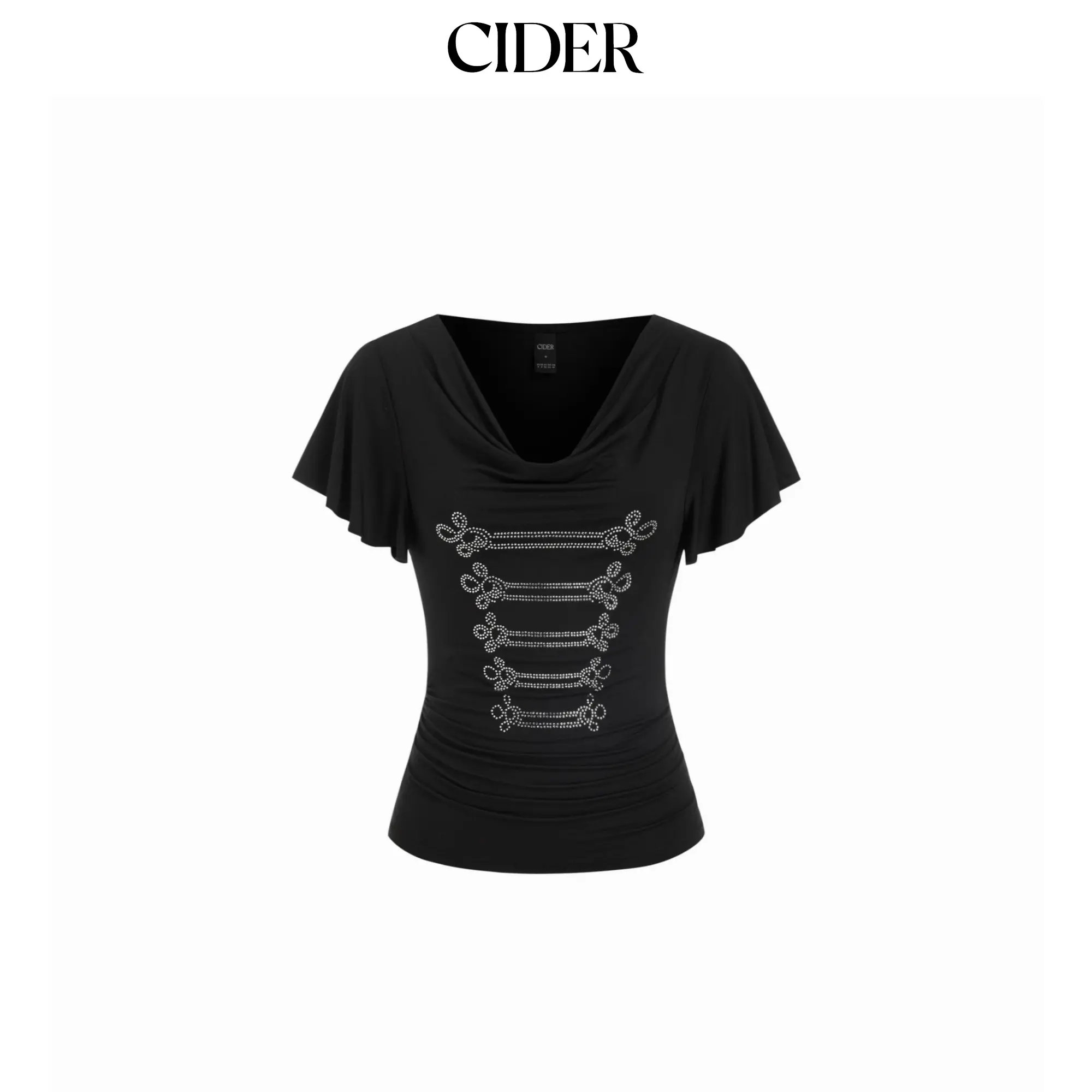 Cider Rhinestone Graphic Cowl Neck Ruffle Sleeve Ruched Top