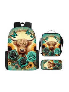 Charming Highland Cow Theme Three-Piece Backpack Set, Animal Print, Large Capacity Casual Daily Bag, Durable Spacious Design, Durable Construction, Perfect Gift for Nature Lovers