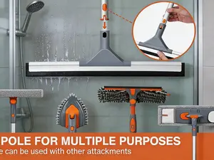 Heavy-duty floor squeegee broom with a 60-inch extendable aluminum pole and rubber blade. Suitable for tiles, concrete, glass, shower areas, garages, pools, and removing pet hair.