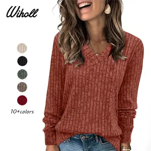 Wiholl Women's V-Neck Long Sleeve Knit Sweater | Lightweight & Wrinkle-Resistant Autumn Design | Oversized Loose Fit Sweater for Layering or Standalone Wear