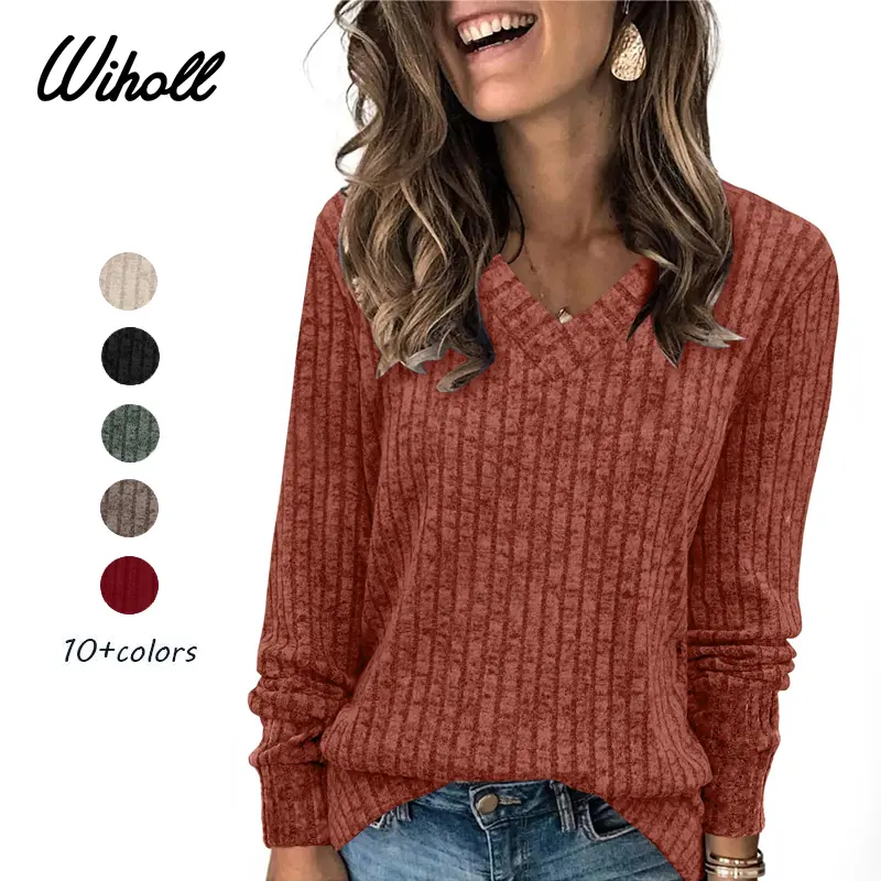 Wiholl Women's Casual Long-Sleeve V-Neck Knit Tunic Top, Lightweight Wrinkle-Resistant Autumn Oversized Loose Fit Knitwear for Layering or Standalone Wear, Lady, Piece, Longsleeves, Tops, Women's Clothing, Basic