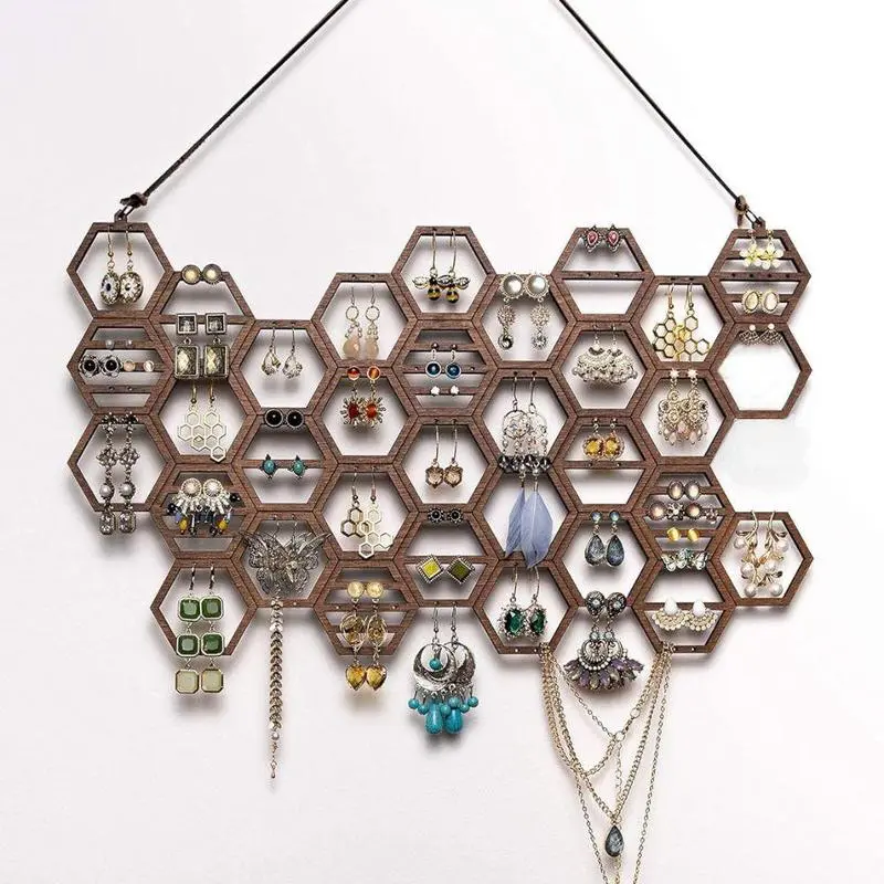 Wooden Honeycomb Design Jewelry Storage Rack, Vintage Earring Display Rack, Elegant Jewelry Organizer for Earrings & Necklace, Gifts for Girlfriend, Boxes, Home Jewelry Organizer, Stylish Organizer