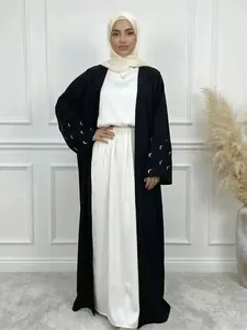 Fashion Forward Piece, Arabic Clothing- Women's Moon Embroidery Abaya without Hijabs, Summer Outfits, Modest Casual Long Sleeve Open Front Muslim Islamic Modesty, Conservative, , Comfort, Wear, Style, Outfit, Essential
