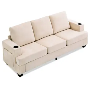 Deep Seat Comfort - 89" 3-Seater Chenille Sofa for Living Room - Built-in Cup Holders & Side Storage - Modern Sectional Couch - Beige or Grey