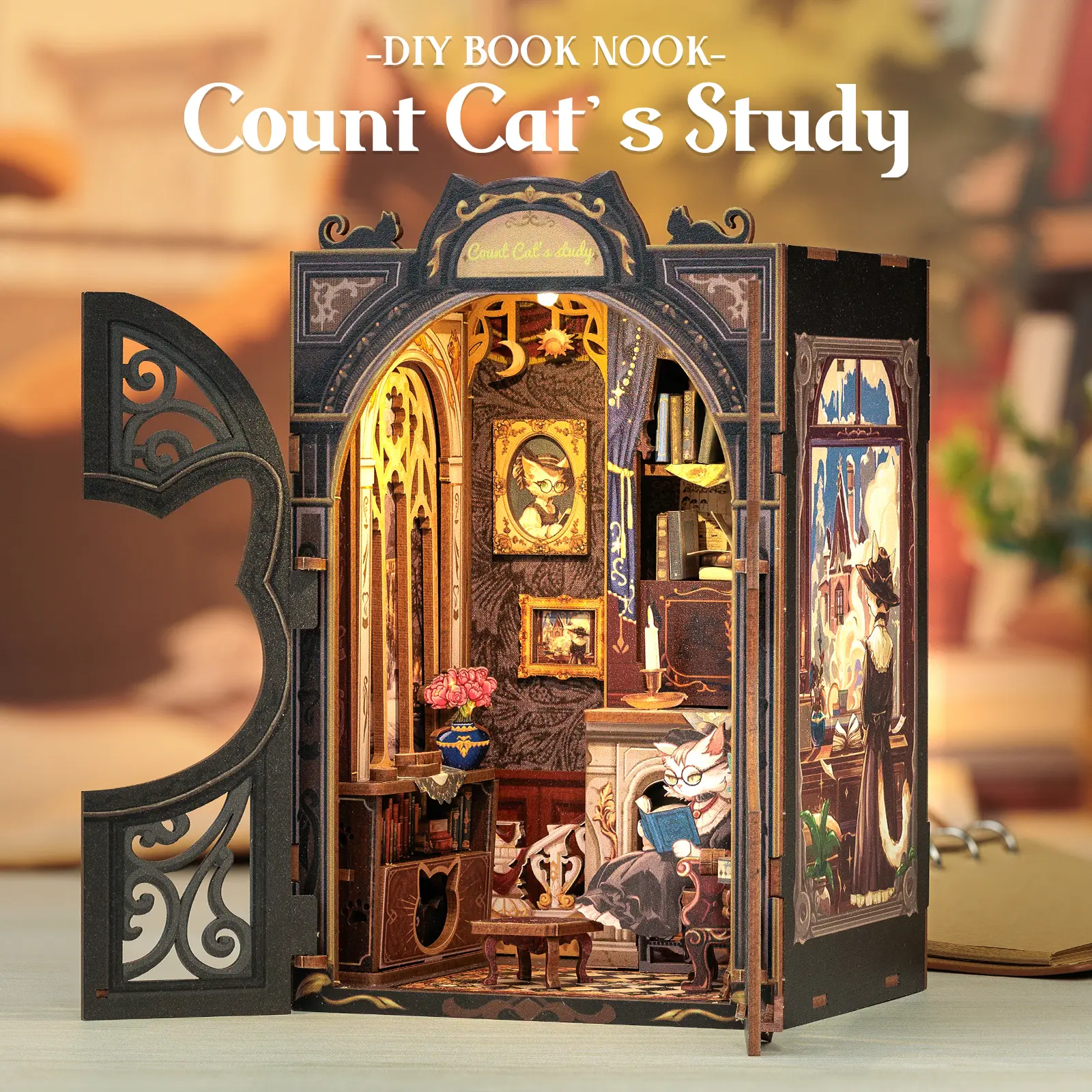 CUTEBEE DIY LED Book Nook - Count Cat's Study Wooden Miniature Cat Study Scene - Unique Black Friday & Christmas Gift for Adults and Teens - Magnetic Building Set