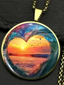 Heart-shaped Sunset Ocean Pendant Necklace - Made of 2D Flat Zinc Alloy Glass, This Romantic Seaside-style Jewelry Is A Perfect Gift for Beach Lovers and Valentine's Day. Suitable for Everyday Wear and Vacation Outfits.