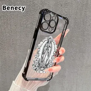Electroplated Four Corner Anti-Fall Holy Virgin Mary Pattern Phone Case for iPhone 16 Pro Max 15 Plus 14 13 12 11 E Shockproof Transparent Protective Cover