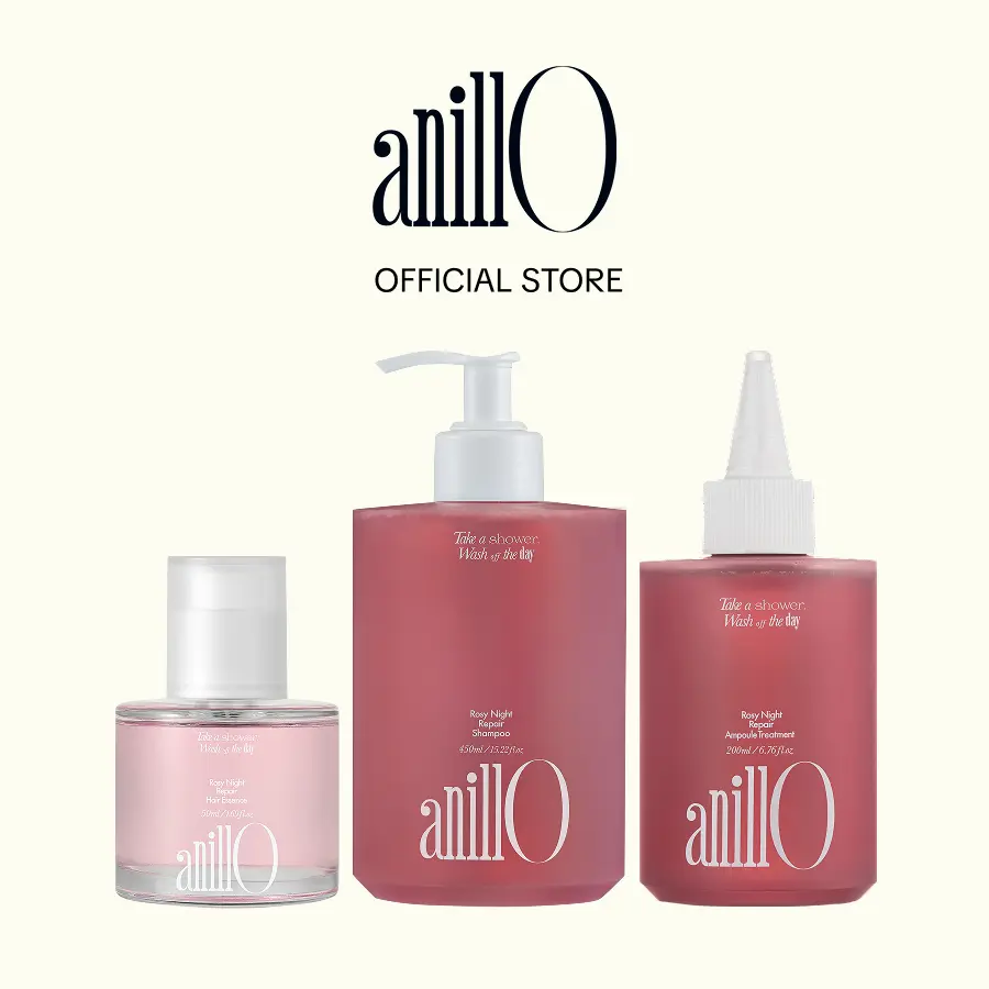 anillO Rosy Night Repair Trio Haircare Set - Korean Shampoo, Ampoule Treatment, Hair Essence for Damaged Hair