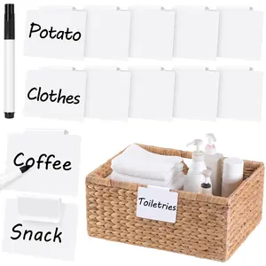 12PCS White basket labels with 1PCS Black Chalk Markers, 3.54” x 2.75” basket labels clip on, bin labels clip on, Removable PVC clip on labels for storage bins