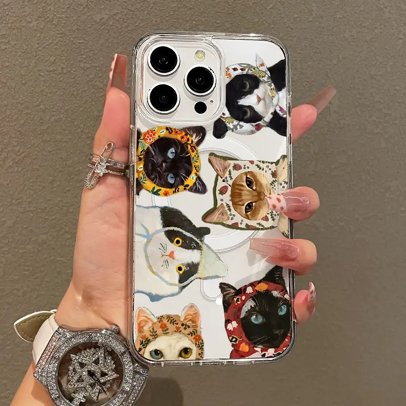 Soft Girl Magnetic Case for iPhone11/12/13/14/15/16/17/promax, Floral Cat Collage Lightweight, Drop-Proof, MagSafe Compatible |   Perfect for Teen Girls