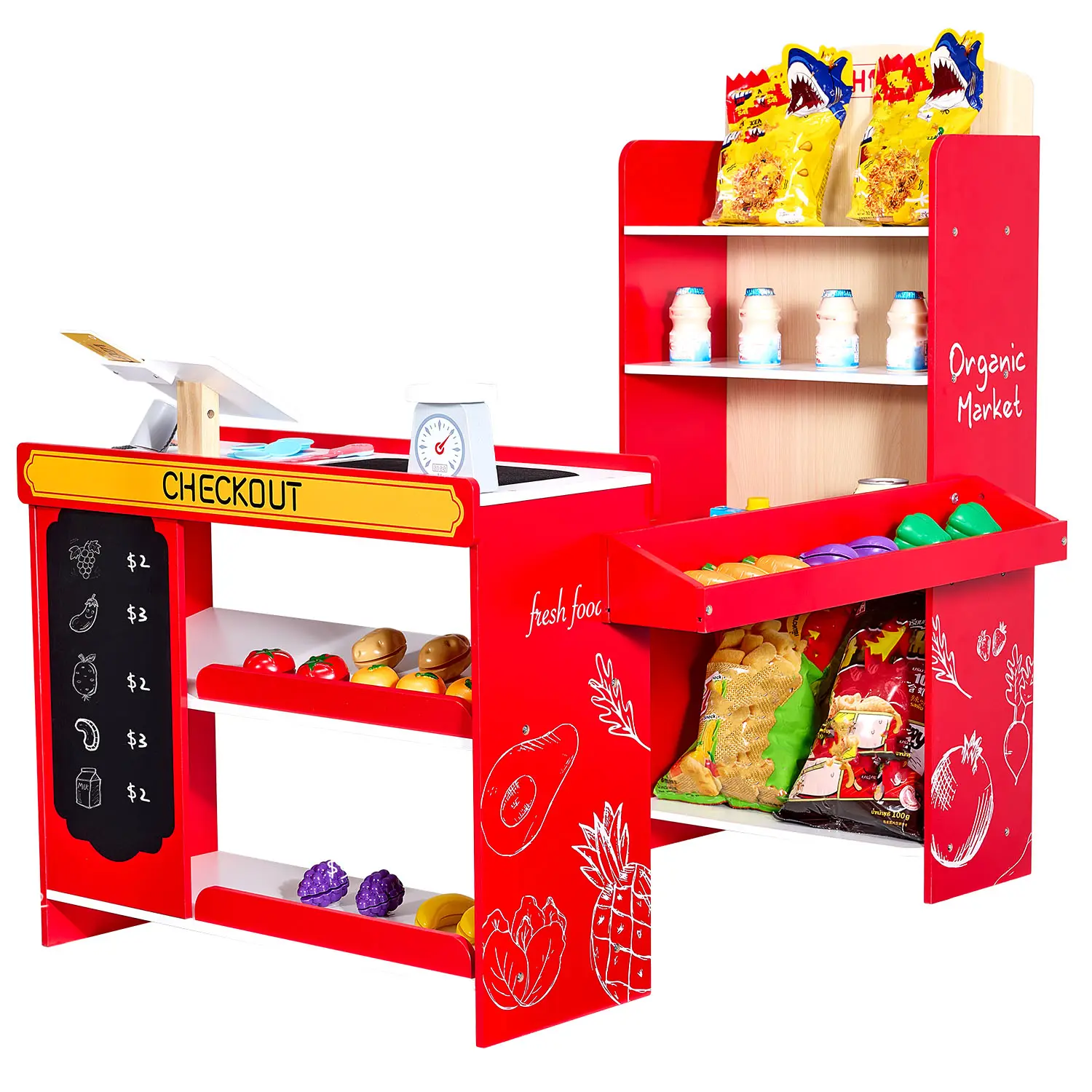 VEVOR MDF Wooden Kids Grocery Store Multi Activity Playset, Role-Play Toy with Shopping Bags, Conveyor Belt, Scanner, Cash Register, Card Reader, Realistic Scale, 20 Fruit & Vegetable Pieces, Wooden Play Food Gift for 6-8 Year Olds, Birthdays#BacktoSchool