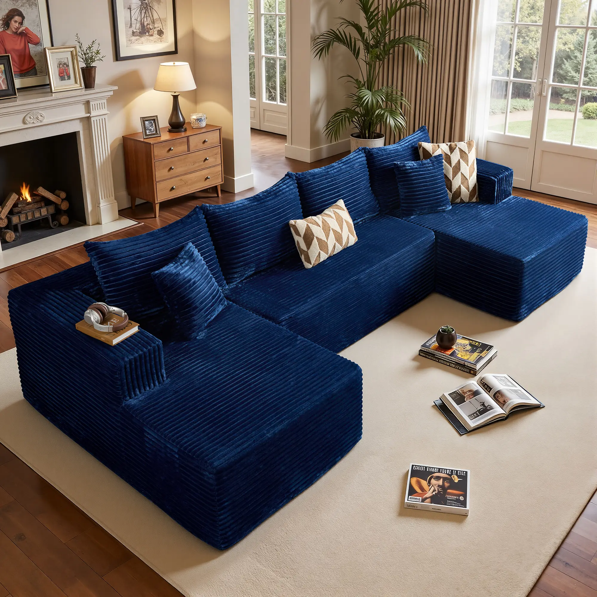 135" Navy U-Shaped, 2*Chaise 1