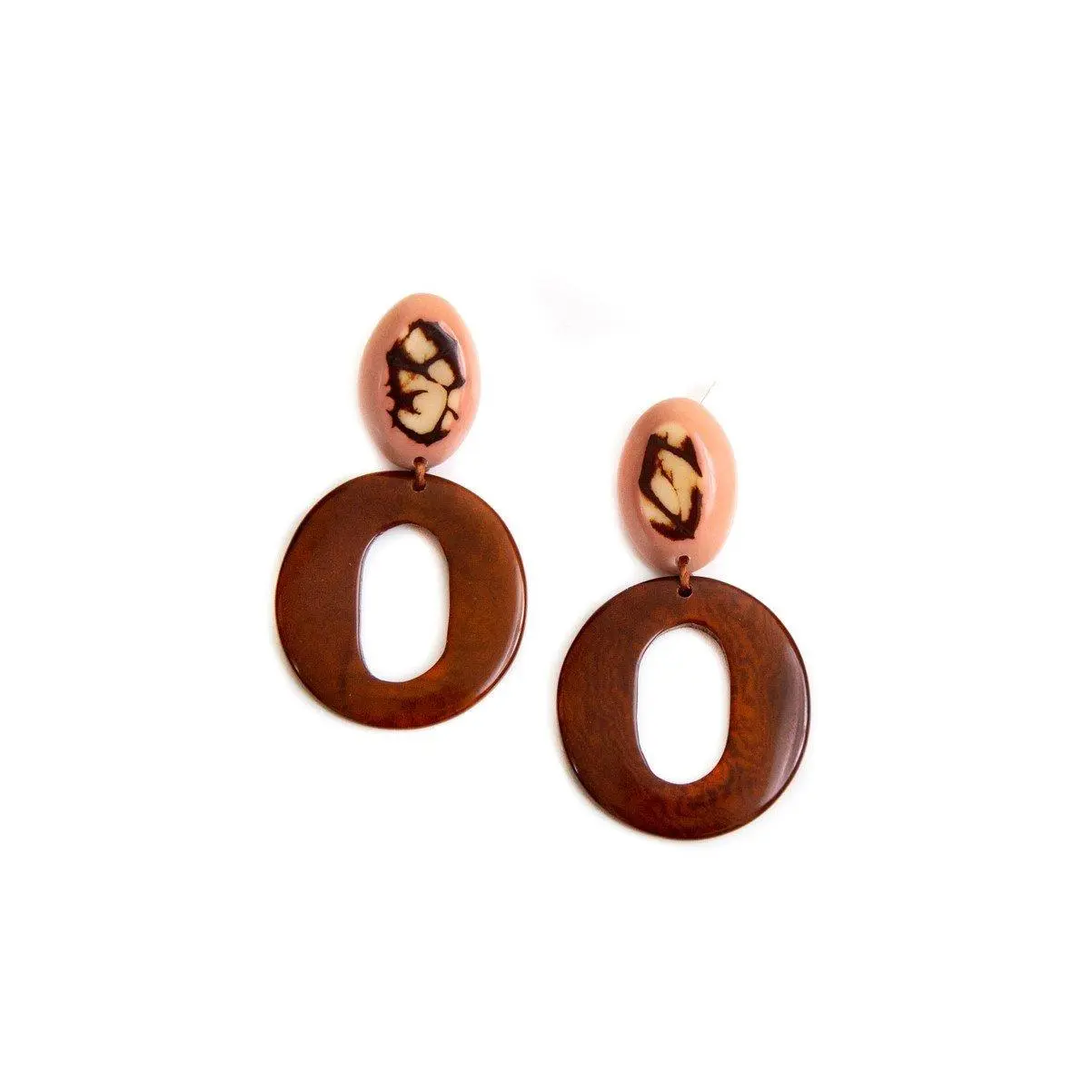 Organic Sustainable Tagua Nut Dangling Drop Post Earrings - Handmade in Ecuador, Hypoallergenic Earrings Set, Natural Lead-Free, Lucrecia Chestnut Brown-Pink, Approx 2.5" L Fashion Costume Accessory, Tagua Hoop, Dangling Drops, Natural Dye, Drop Earrings