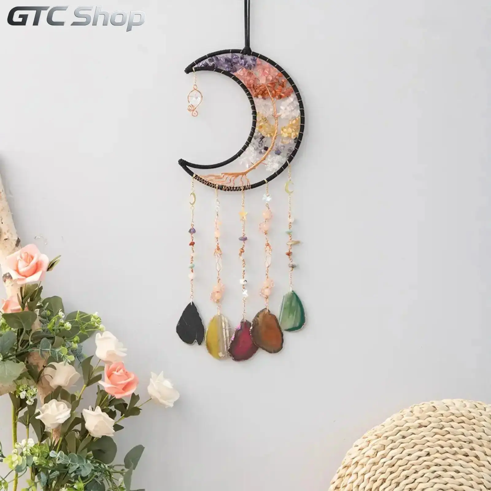 Crystal Tree of Life Dream Catcher, Handmade Wall Hanging with Moon & Large Agate Pendant, Elegant Home Room Decor, Exquisite Creative Ornament, Perfect Christmas Gift for Friends