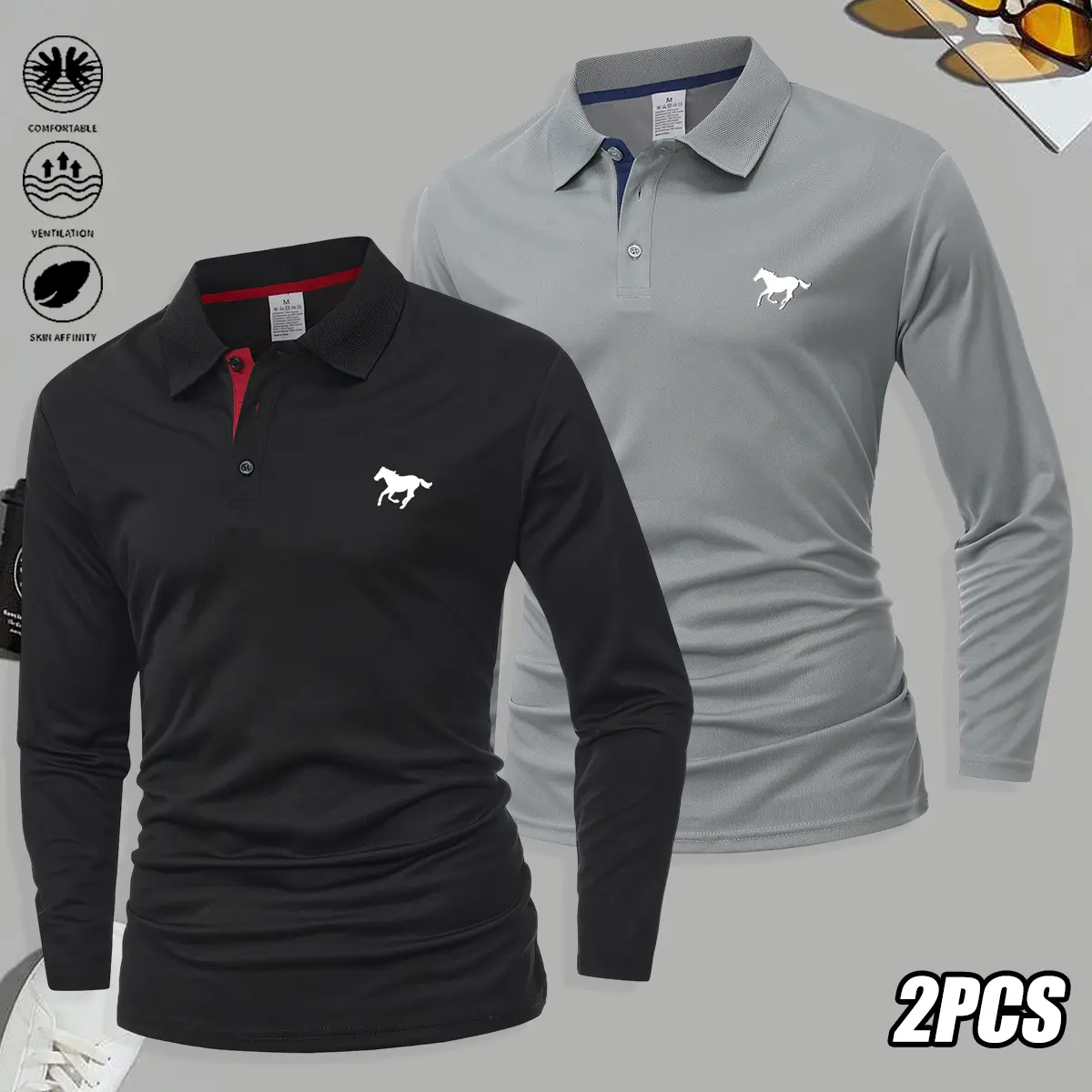 2-piece set: men’s long-sleeve polo shirt—stylish and comfortable, youthful look; turn-down collar design for sporty casual and light business wear; suitable for all seasons and ideal for golf and outdoor activities; men’s polo shirt.