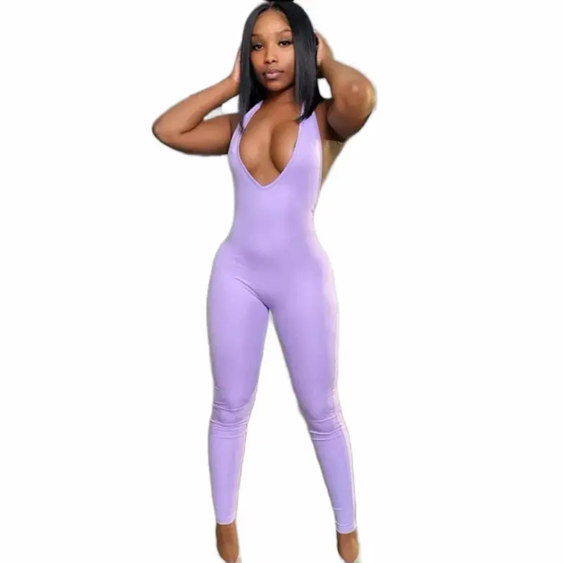 Purple Comfortable Sexy Bodysuit with Deep V Neckline and High Stretch Fabric for Women