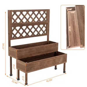 41.93"x22.44"x54.13" Brown Raised Garden Bed with Trellis, 2-Tier Elevated Wood Planter Box with Legs & Wheels, Built-in Drainage Holes, Ideal for Backyard, Patio & Balcony Planting