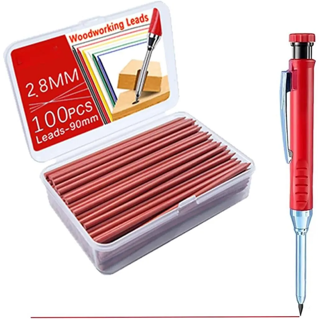 100 count Pencil Refills, 2.8mm Pencil Leads, Solid Carpenters Refills Replacement, Deep Hole Marker,  for Woodwork Construction Building (red)