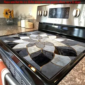 1pc Mosaic Lotus Stove Top Cover for Electric Stove, Black White Gold Marble Stove Protector Mat, Heat Resistant Non-Slip Kitchen Stove Cover, Modern Boho Floral Stove Top Decor for Glass/Induction Stove 52*72cm