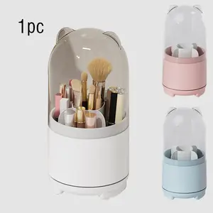 Rotating Makeup Brush Storage Box with Divided Compartments, Cover, Dustproof Beauty Brush Holder, Eyeshadow Brush Powder Brush Desktop Brow Pencil Eyeliner Pen Organizer
