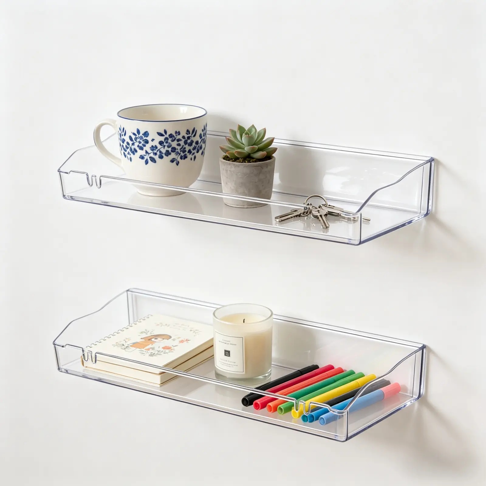 Waterproof Acrylic Floating Wall-Mount Shelves - No-Drilling, Minimalist Space-Saving Storage Organizer, Sturdy Easy-To-Install Display Shelf for Bathroom, Kitchen