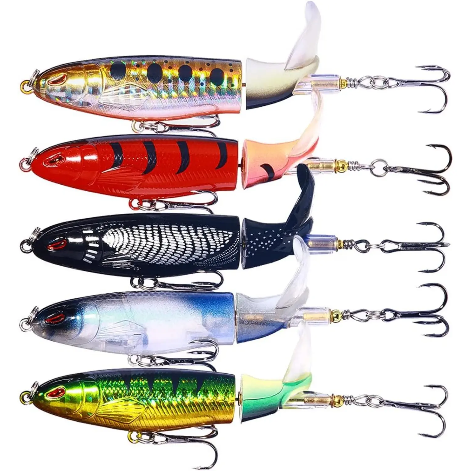 5 Packs Whopper Plopper Topwater Fishing Lures - Floating Pencil Bait with Rotating Tail for Bass, Freshwater or Saltwater Fishing