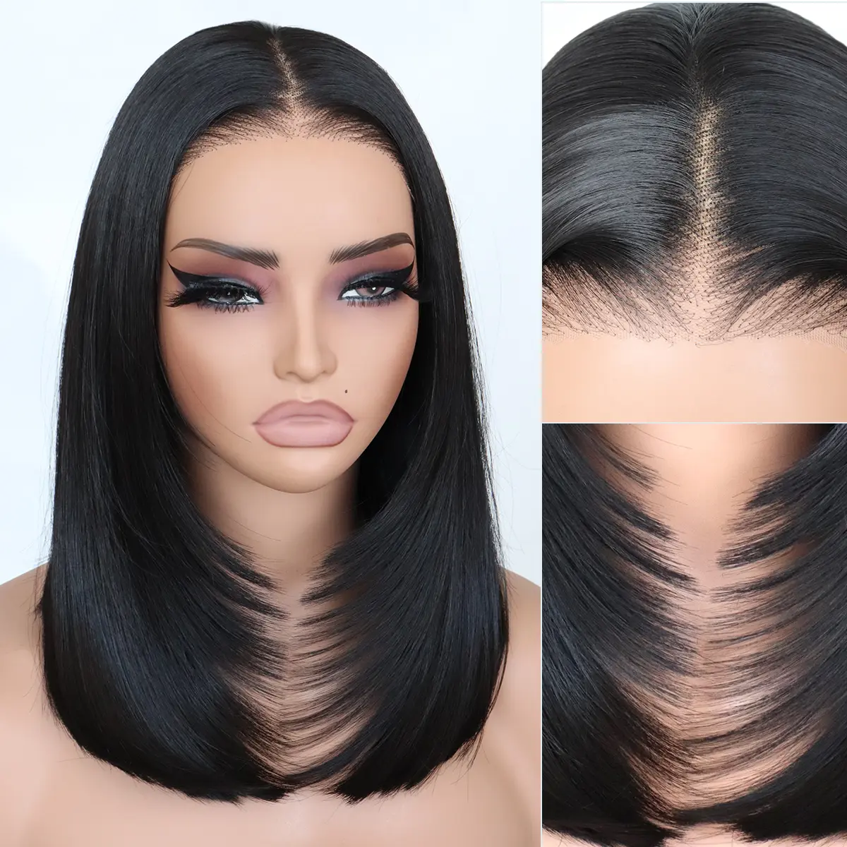 Synthetic Wear And Go 9x7 Glueless Short Bob Straight Layered Cut Lace Front Straight Wig Pre Plucked Pre Cut Clean Hairline with Tiny Knots Synthetic Hair