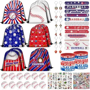 120PCS Baseball Party Favors, Baseball Goodie Drawstring Bags with Mini Baseballs, Bracelets, Keychains, Stickers & Tattoos for Baseball Theme Party Supplies