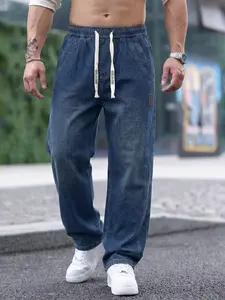 Men's Drawstring Denim Jeans, Y2K Aesthetic Loose Fit, Casual Urban Streetwear, All Seasons, Ideal for Outdoor & Daily Wear, Perfect Gift