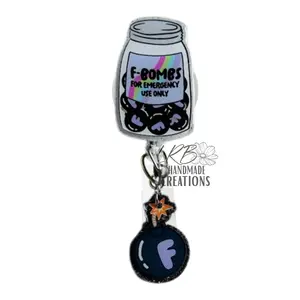 F-Bomb Jar Badge Reel – Emergency Use Only | Funny Retractable ID Holder with Charm, Humor Gift for Coworkers, Nurses, Teachers