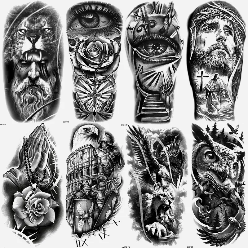 8 Pcs Jesus Cross Temporary Tattoo Stickers, Waterproof Eagle Jesus Eye Prayer Hand Rose Design, Unisex Adult Leg Arm Fake Sleeve Tattoos, Body Fake Tattoos, Ephemeral Tattoos