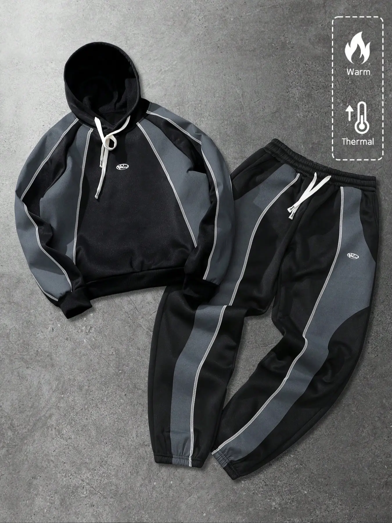 Unisex Street Style Fitted 2-Piece Matching Set, Colorblock Fleece Hoodie & Trendy Pants, Casual Warm Function Wear, Couples Fashion, Outfit，Suitable for streetwear, casual wear, high street culture, trendy street style, hip-hop and rap