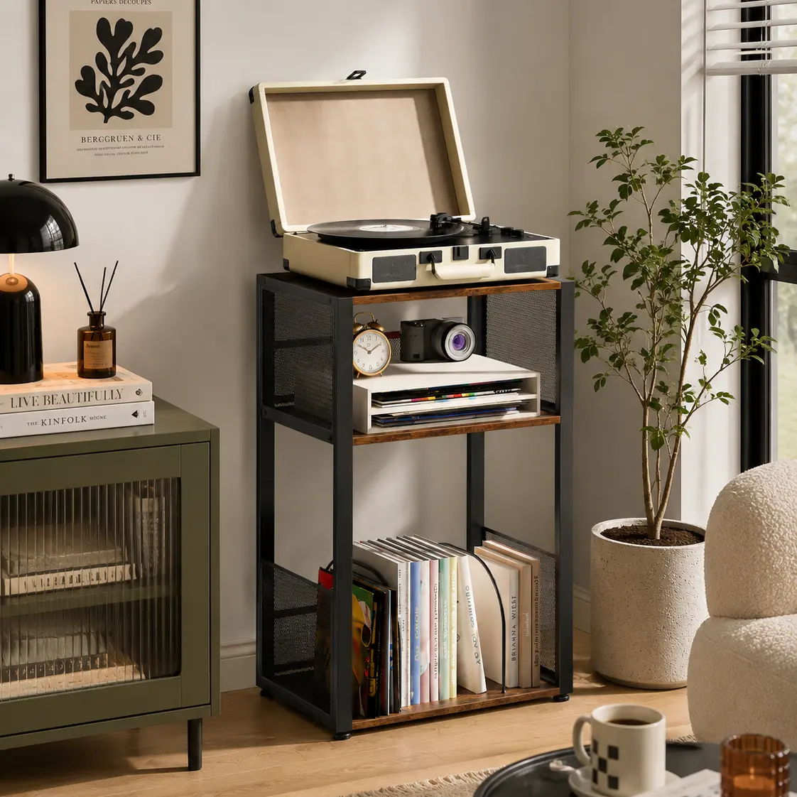 3-Tier Record Player Stand – Holds Up to 100 Vinyl Albums, Turntable Storage Shelf for Living Room, Bedroom, or Side Table