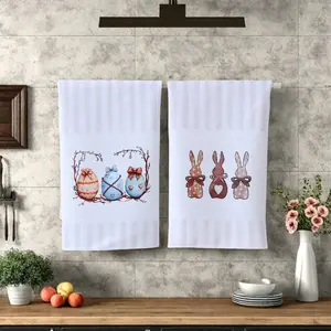 Cartoon Easter Bunny & Egg Pattern Kitchen Towel, Tea Towel, 2 Counts/set Soft Absorbent Towel, Kitchen Cleaning Tool for Home Farmhouse Dormitory Hotel