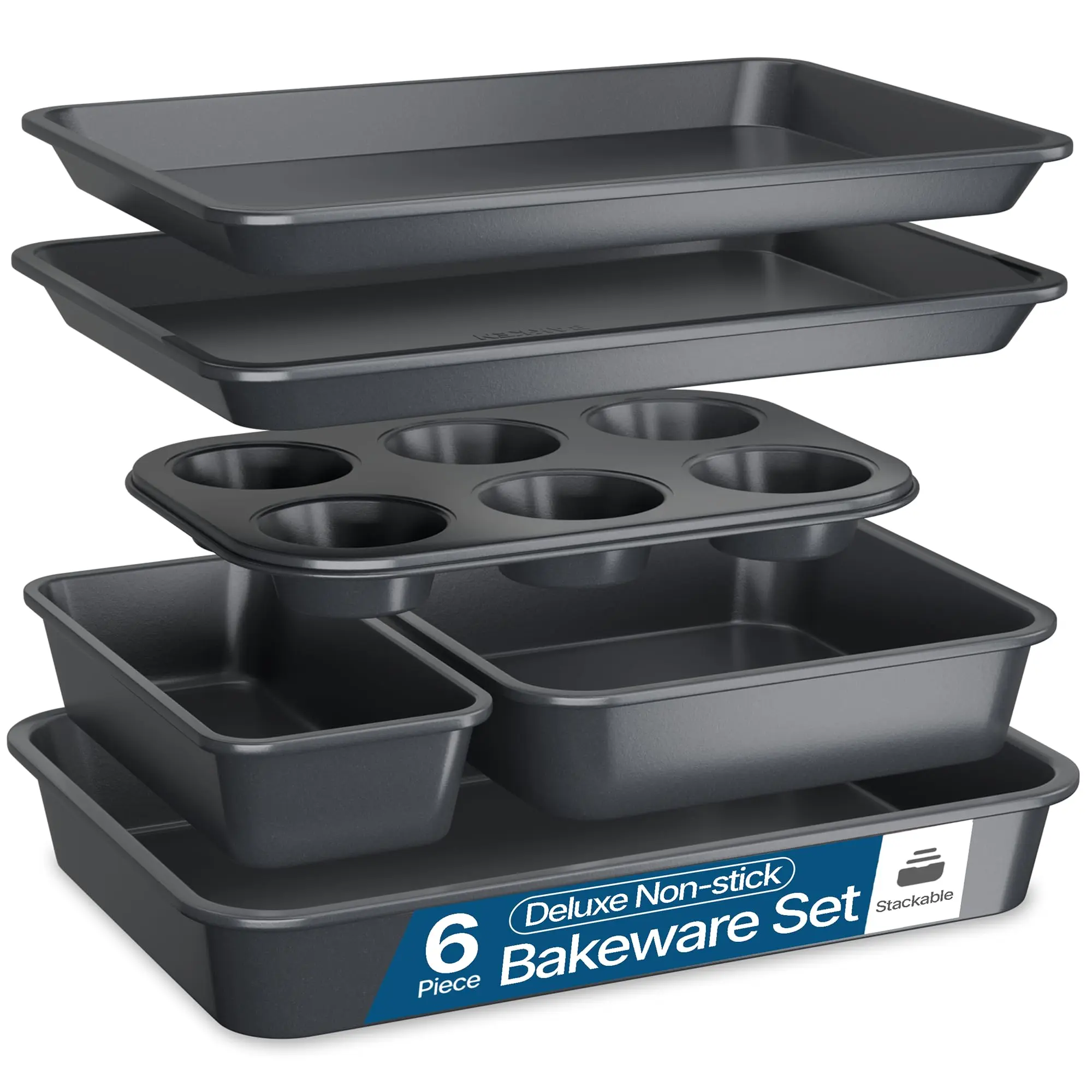 BAKKEN Nonstick Carbon Steel Bakeware Set - 6 Piece Kitchen Baking Trays, Non Toxic Stackable Oven Pans Bundle with Cookie Sheets, 6 Cup Muffin, Roaster, Square Cake, and Loaf Pan for Bread  Black, Home Baking