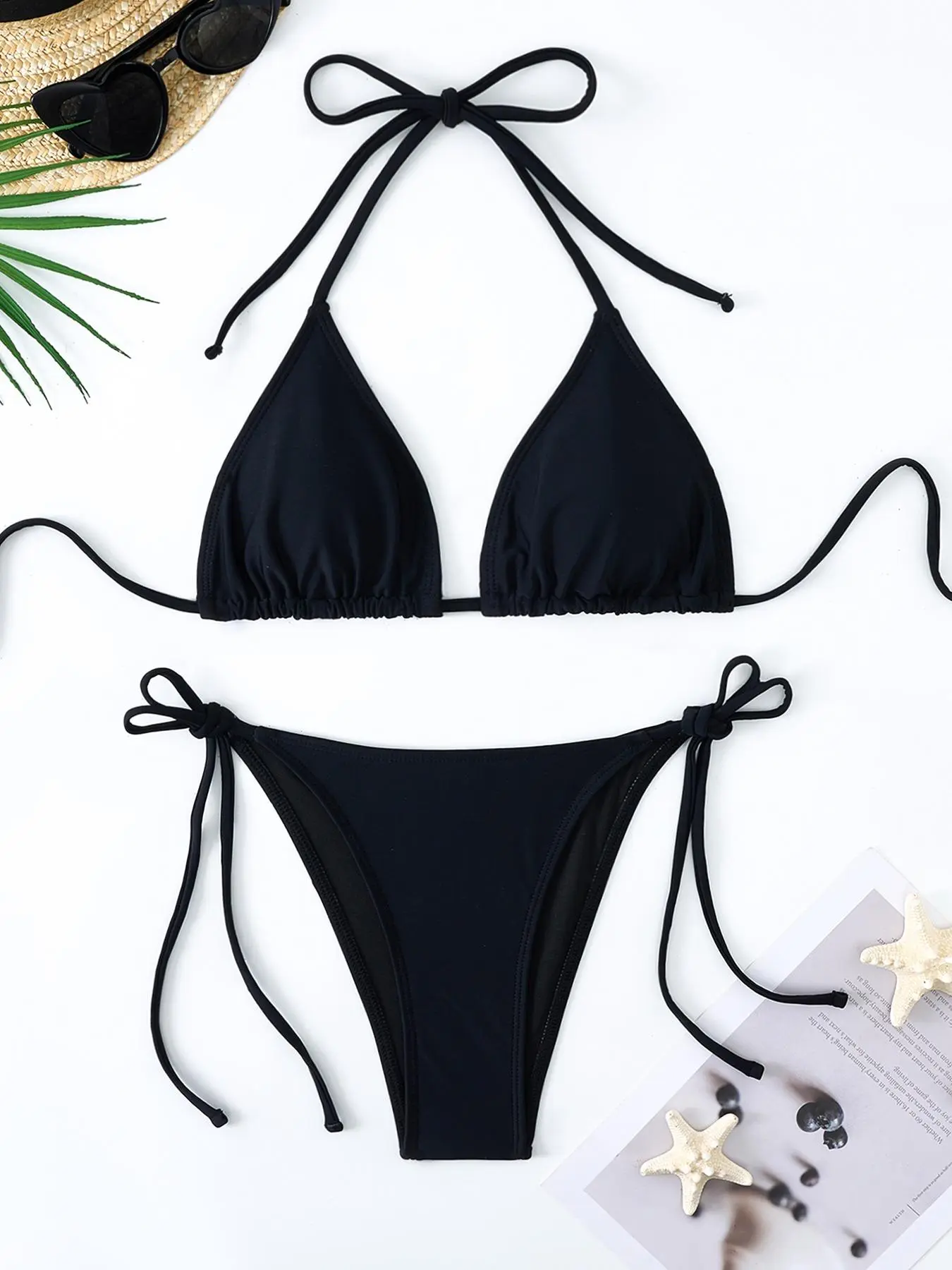 Two-Piece Women's Solid Halter Neck Tie Back High Cut Swimsuit Style Bikini Set, Casual Fashion Chic Swimsuit Set for Beach Vacation, Ladies Swimwear for All Seasons Swimwear Sets