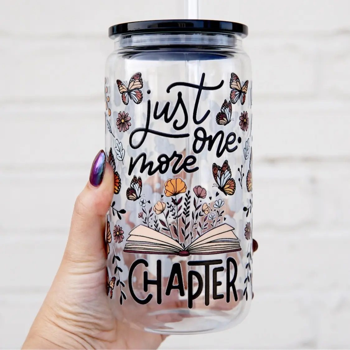 One More Chapter 17oz Glass Mug with Lid and Straw, Iced Coffee Drinkware, Gift for Her, water bottle for women, book lover gifts, Sturdy, Handmade, Water Bottles, Container