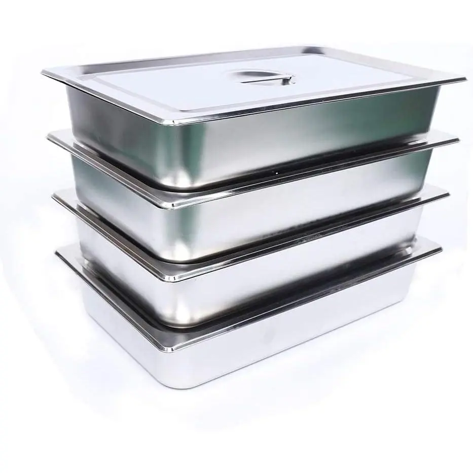 4-Inch All Stainless Steel Deep Full-Size Steam Table Pans with Lids (4Pcs) - Commercial Durable Kitchen Cookware, Non-Stick High-Volume Storage Tray, Anti-Tipping, Silver for Restaurant, Hotel Food Prep, Kitchenware, Restaurants