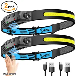2pcs Rechargeable Headlamp, 230° Wide Beam Head Lamp, Motion Sensor COB&LED Headlamp Rechargeable, 5 Mode Headlamps For Adults, Bright Head  For Forehead, Hard Hat Headlight, Headband Flashlight For , Camping Essentials Gear brightest
