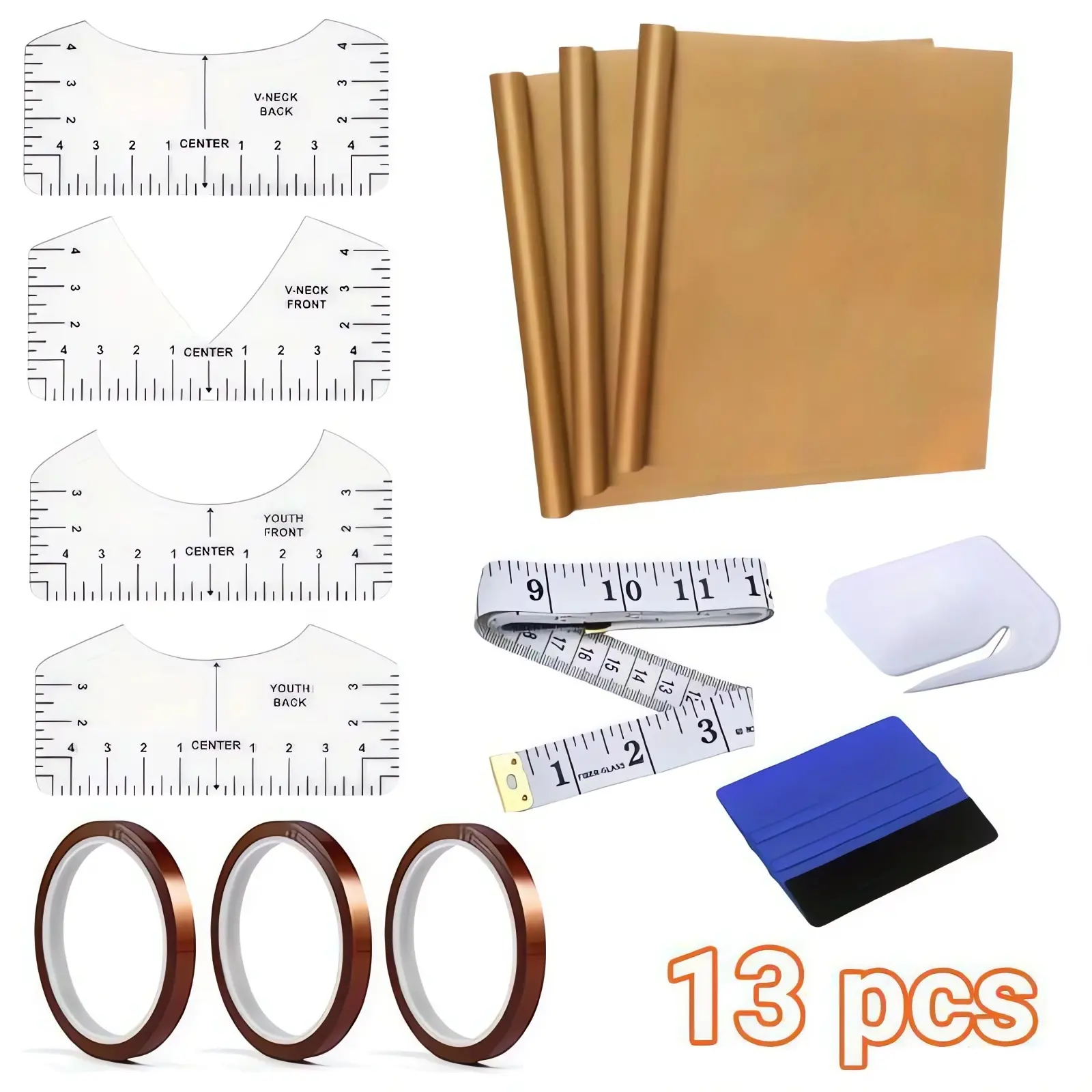 13 Pcs Sublimation Shirt Tool Kit,Includes 4 T Shirt Rulers,3 Teflon Sheet,3 Rolls Heat Resistant Tape,1 Tape Measure,1 Squeegee,1 Cutter Tool,Craft Sewing Supplies and Accessories,Fathersdaygift,Tools & Hardware