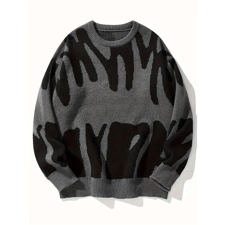 Unisex Men's Round Neck Drop Shoulder Hip Hop Sweater, Regular Fit All Over Print Long Sleeve Knitting Pullover, Drippy Outfits, Going Out Outfit