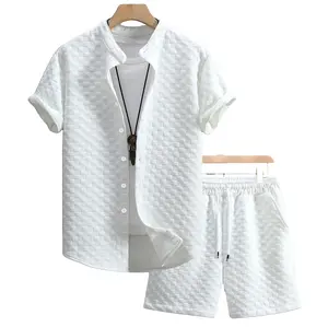 Men’s summer solid-color waffle-textured stand collar short-sleeve shirt and shorts two-piece set + elastic drawstring mid-length shorts; lightweight, breathable everyday home beach vacation casual menswear set
