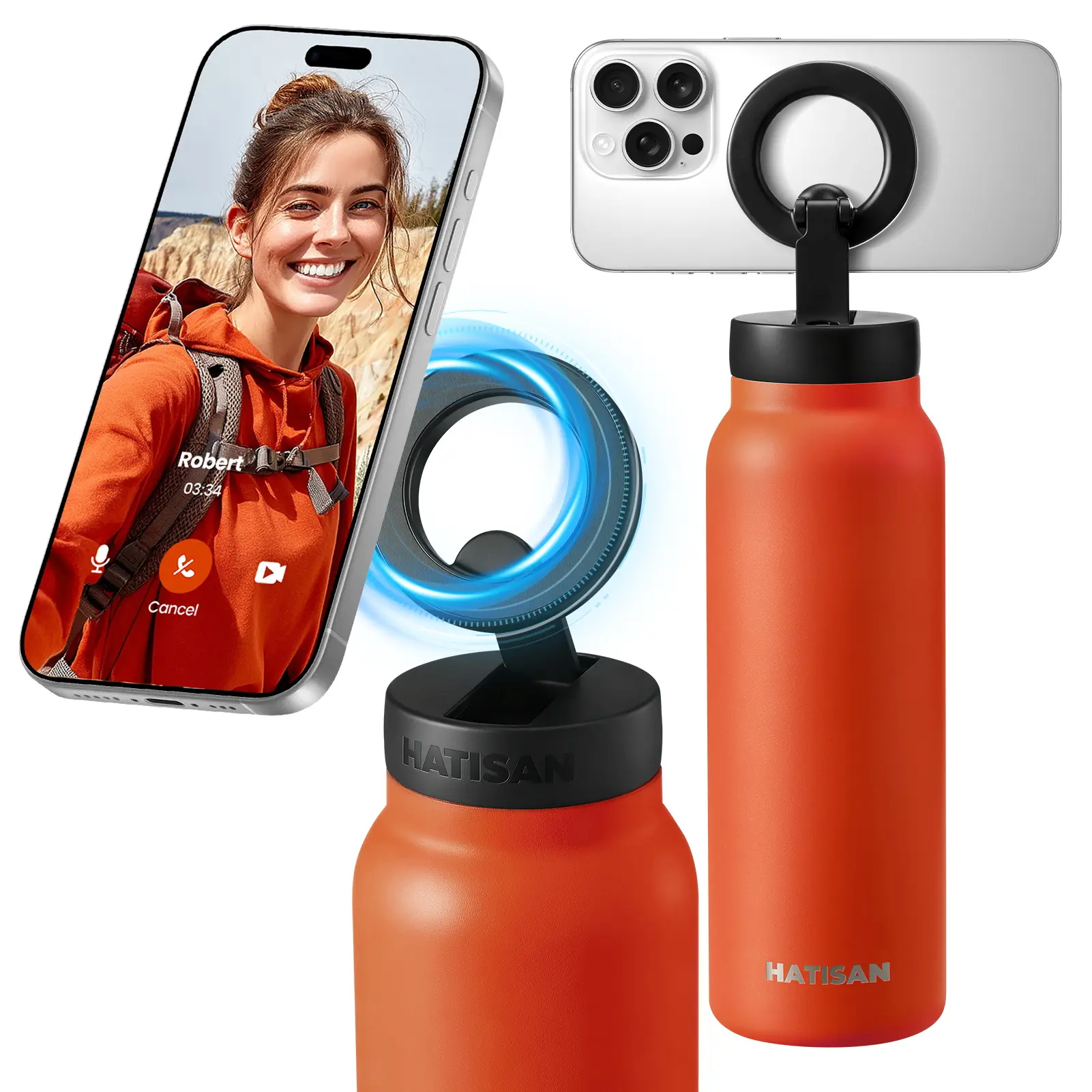 HATISAN Portable 24oz Insulated Stainless Steel Vacuum Flask Water Bottle - 360-Degree Rotatable Magnetic Phone Mount, 12H Hot/24H Cold, Degradable Accessory, Keeps Beverages Cold for 24 Hours, Stay Connected Workouts Gift for Content Creation, Facetime