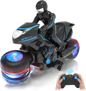 Remote Control Motorcycle for Kids, RC Dirt Bike Toy with RGB Light Wheels, 360° Rotating Drift Stunts, High Speed 2 Motor Design, Rechargeable Battery, 100ft Remote Range, Off Road Motorbike Car Toy Gift for Boys Girls Age 4-7 8-12 Birthday Christmas